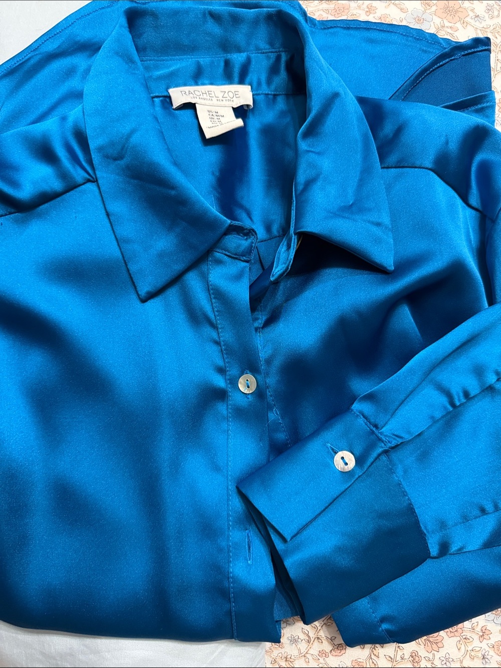 Rachel Zoe Bright Teal Satin Button-Down Shirt